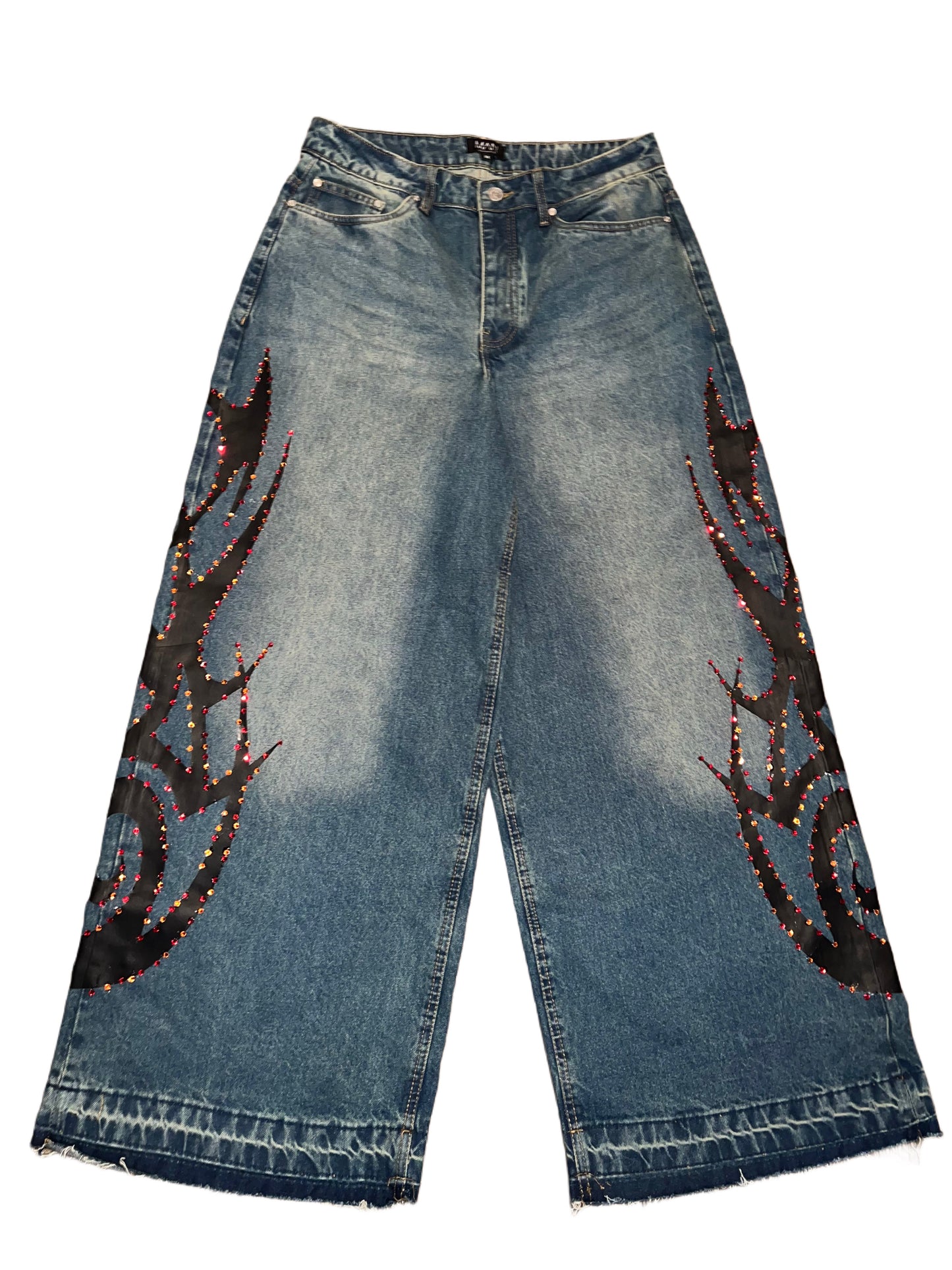 OVERSIZED CUSTOM FLAMED JEANS W/ RHINESTONES